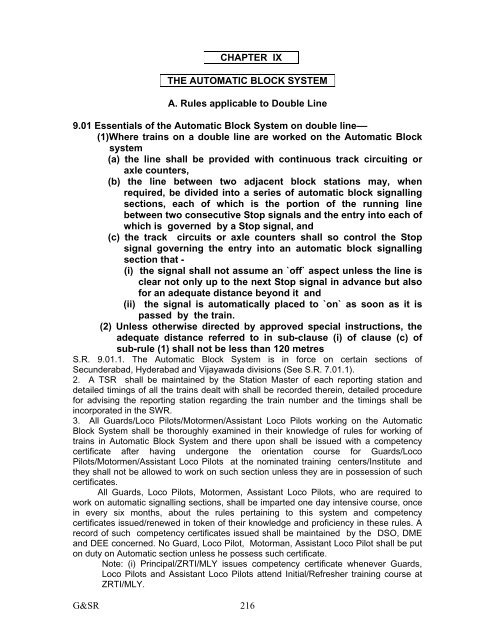 G&SR 216 CHAPTER IX THE AUTOMATIC BLOCK ... - Indian Railway