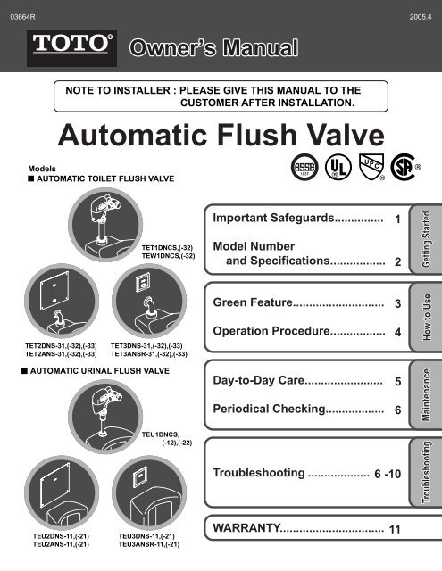 r Automatic Flush Valve Om En V 01 Toto Usa