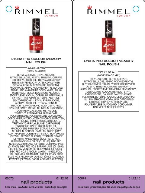 Ingredients Listing - Rimmel London