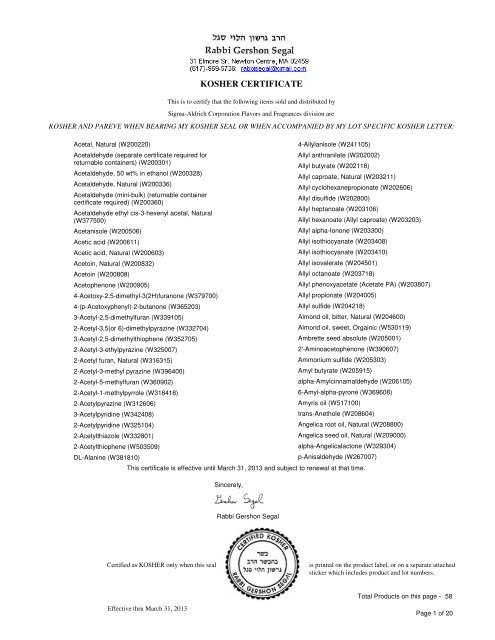 Kosher Certificate (4 MB ) - Sigma-Aldrich