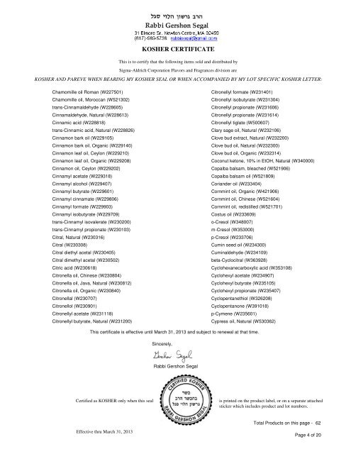 Kosher Certificate (4 MB ) - Sigma-Aldrich