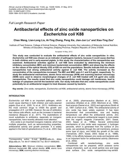 Antibacterial effects of zinc oxide nanoparticles on Escherichia coli ...