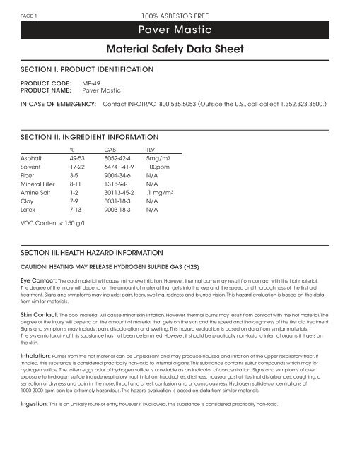 Paver Mastic Material Safety Data Sheet - Hanover® Architectural ...