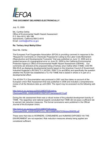 Tertiary Amyl Methyl Ether comments - OEHHA