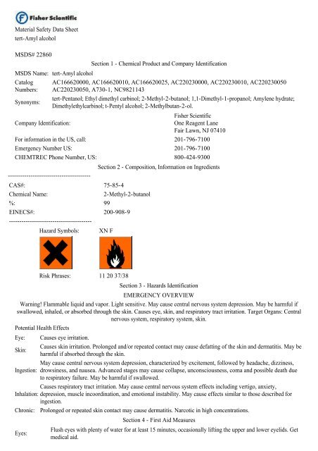 Material Safety Data Sheet Tert Amyl Alcohol Msds 22860 Section