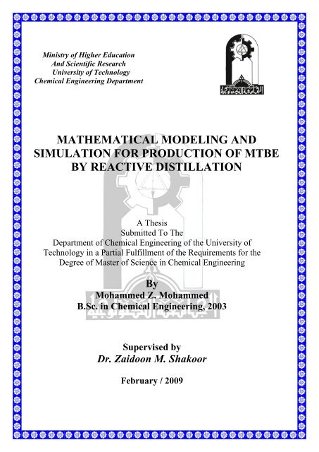 Mathematical Modeling and Simulation for Production of MTBE