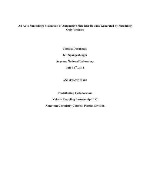 All Auto Shredding: Evaluation of Automotive Shredder Residue ...