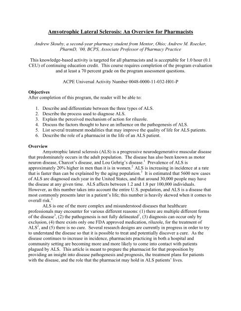 Amyotrophic Lateral Sclerosis: An Overview for Pharmacists