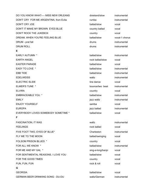 ALPHABETICAL SONG LIST - 6/06 STYLE ... - Lancewhite.net