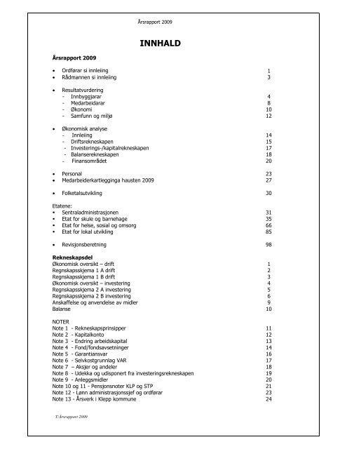 Årsrapport hovuddel 2009 - Klepp kommune