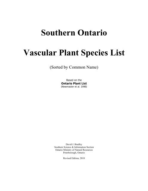 Southern Ontario Vascular Plant Species List