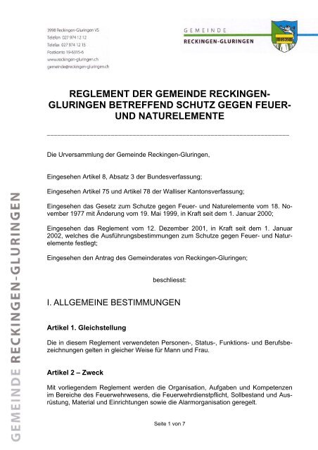 REGLEMENT DER GEMEINDE RECKINGEN- GLURINGEN ...