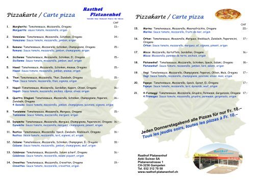 Pizzakarte / Carte pizza - Rasthof - Platanenhof