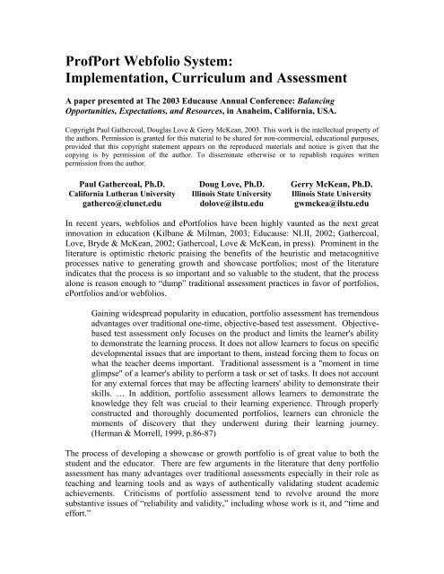 Webfolios: Assessment, Evaluation and Reporting at Once - Educause