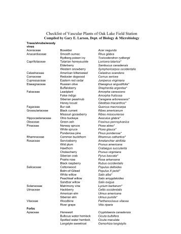 Checklist of Vascular Plants of Oak Lake Field Station