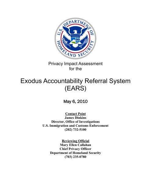 Exodus Accountability Referral System (EARS) - Homeland Security