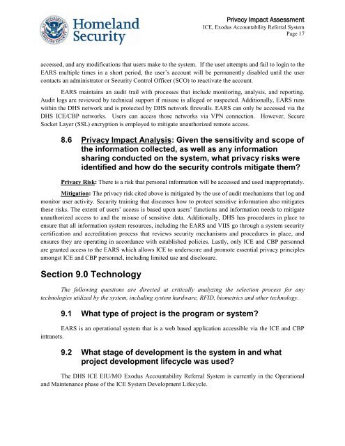 Exodus Accountability Referral System (EARS) - Homeland Security