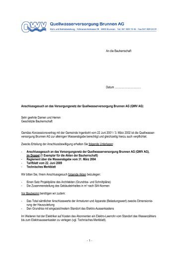 Brief zu Anschlussgesuch - Quellwasserversorgung Brunnen AG