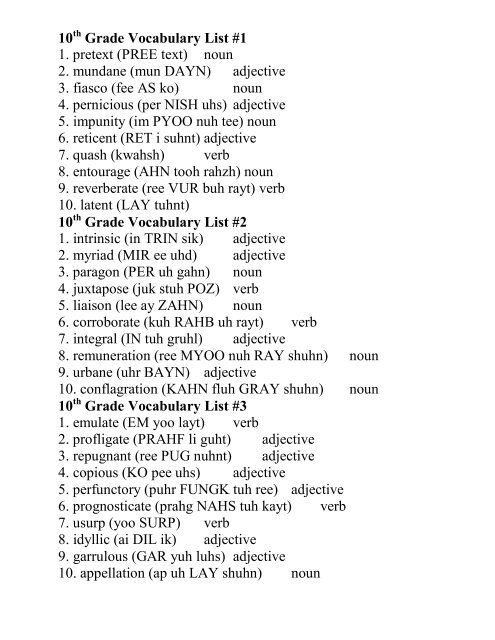 10 Grade Vocabulary List #1 1. pretext (PREE text) noun 2 ...