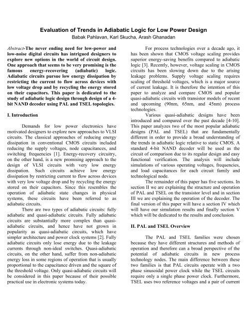 Evaluation of Trends in Adiabatic Logic for Low Power Design