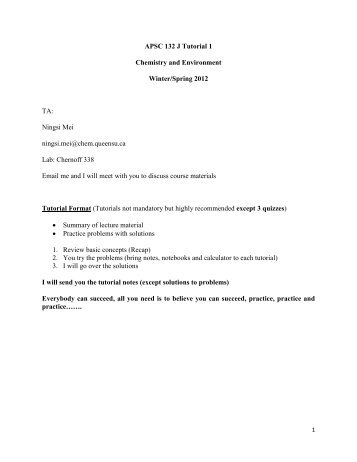 APSC 132 J Tutorial 1 Chemistry and Environment Winter/Spring ...