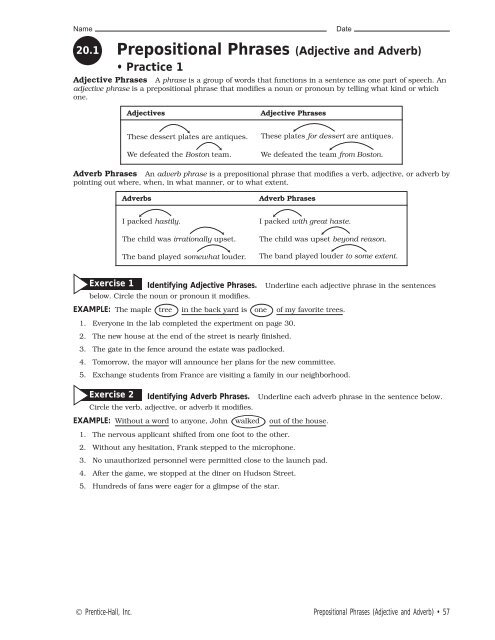 grammar exercise workbook ch 20 20 1 prepositional phrases