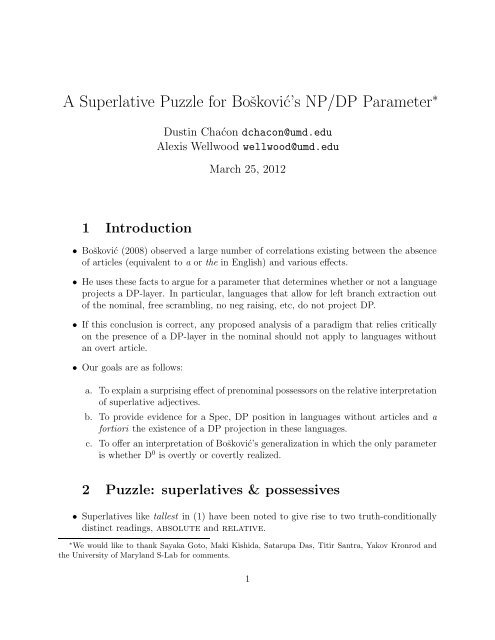 A Superlative Puzzle for Boškovic's NP/DP Parameter - UMR 7023