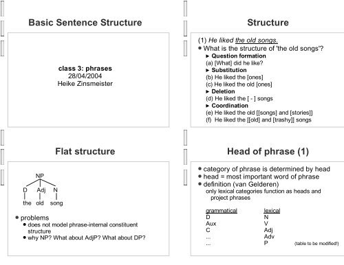 Basic Sentence Structure Structure Flat structure Head of phrase (1)