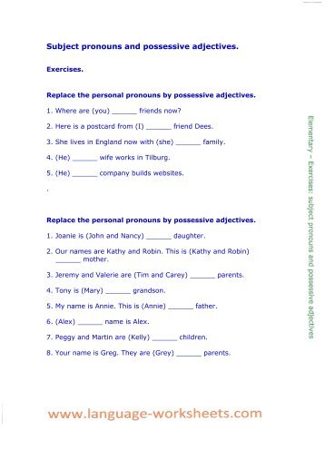 Subject pronouns and possessive adjectives. - Language worksheets