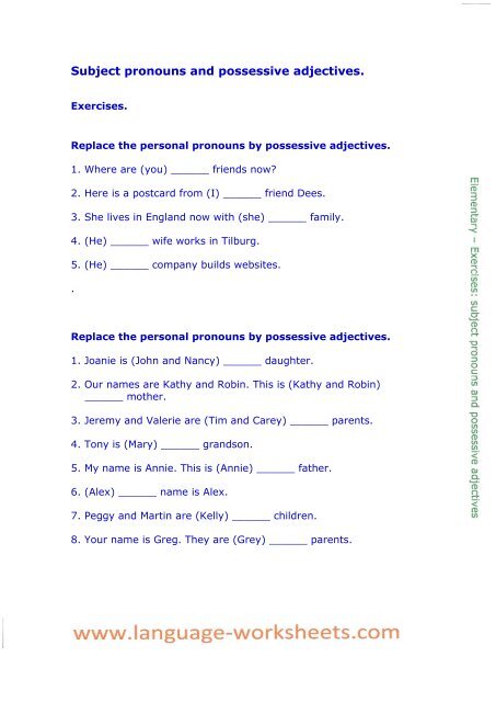 Subject pronouns and possessive adjectives. - Language worksheets