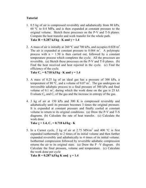 Tutorial 1 0 5 Kg Of Air Is Compressed Reversibly And Adiabatically