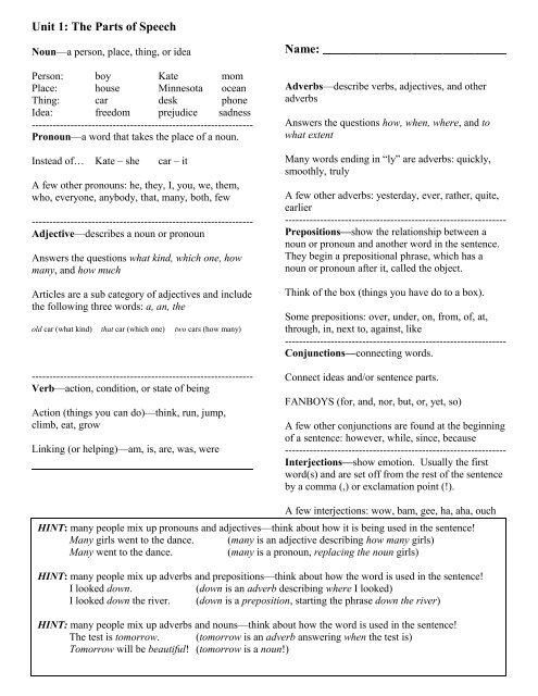 Nouns, Adjectives, Verbs, and Adverbs - Sartell