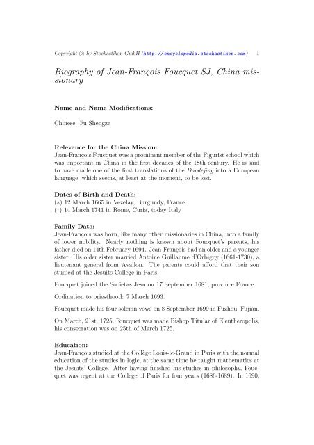 Biography of Jean-François Foucquet SJ, China mis- sionary