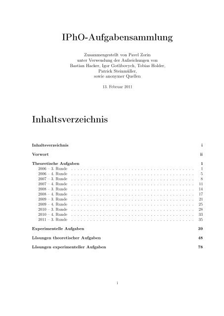 IPhO-Aufgabensammlung Inhaltsverzeichnis