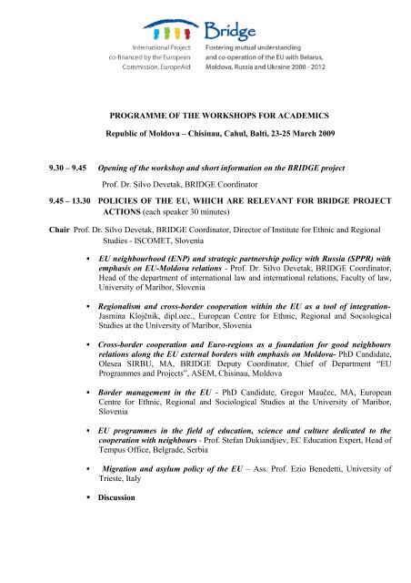 DRAFT PROGRAMME OF THE WORKSHOPS ... - Project BRIDGE