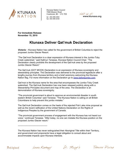 Qat'muk Media Release - Ktunaxa Nation