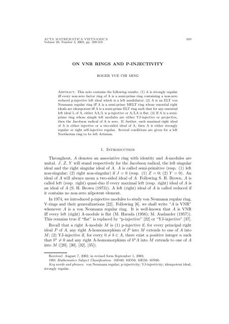 ON VNR RINGS AND P-INJECTIVITY 1. Introduction Throughout, A ...