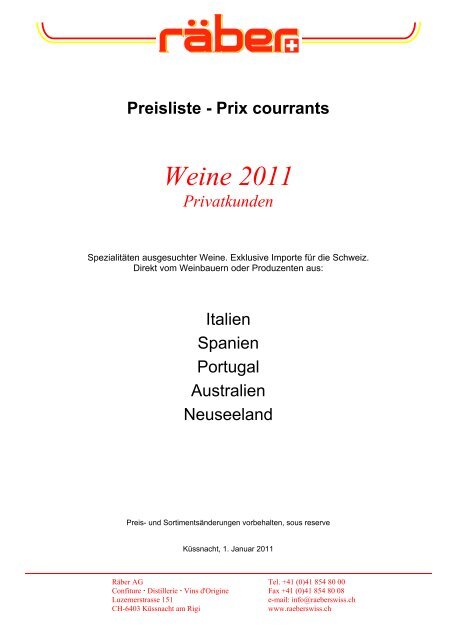 Preisliste - Prix courrants Weine 2011 Privatkunden - Raeber AG