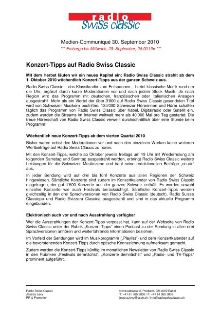 Konzert-Tipps auf Radio Swiss Classic