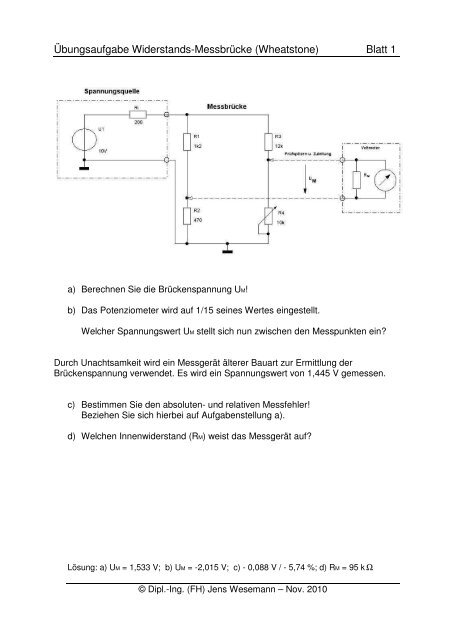 Übungsaufgabe Widerstands-Messbrücke (Wheatstone) Blatt 1