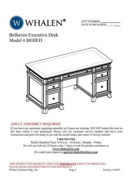 Belhaven Executive Desk Model Behed, Whalen Loft Bed Assembly Instructions