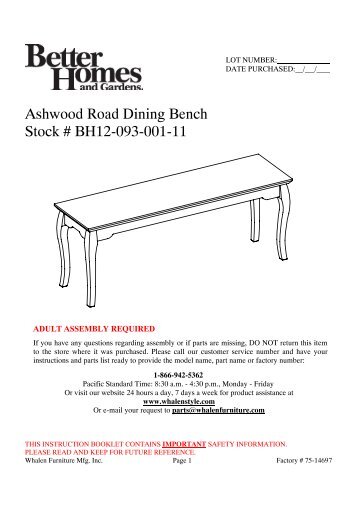 Ashwood Road Dining Bench Stock # BH12-093-001 ... - Whalen Style