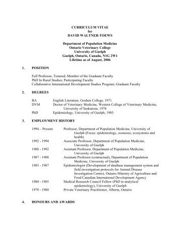 CURRICULUM VITAE for DAVID WALTNER-TOEWS Department of ...