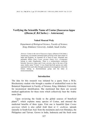 Verifying the Scientific Name of Costus [Saussurea lappa ((Decne ...