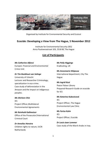 Ecocide: Developing a View from The Hague, 5 November 2012 List ...