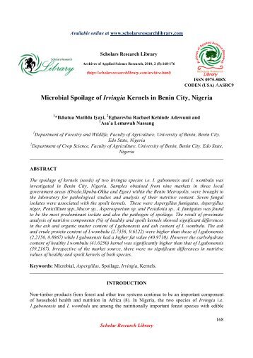 Microbial Spoilage of Irvingia Kernels in Benin City, Nigeria