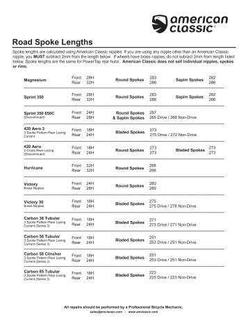 Road Spoke Lengths - American Classic