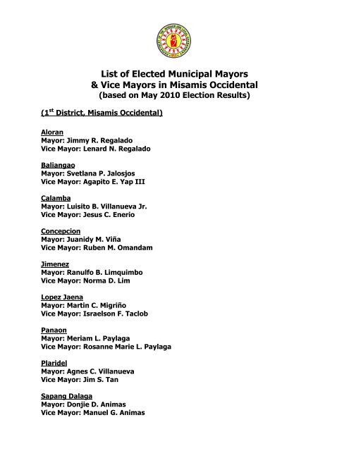 List of Elected Municipal Mayors & Vice Mayors in Misamis Occidental