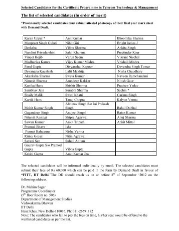 The list of selected candidates - IITD Telecom Website