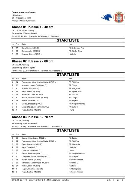 STARTLISTE STARTLISTE STARTLISTE - Molde Rytterklubb